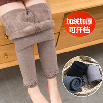 Baby autumn and winter thick leggings girl plus velvet wooden ear warm pants outside wearing childrens trousers can be opened