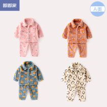 Baby coral velvet pajamas autumn boys thickened autumn suit Baby plus velvet two sets of childrens home clothes Girls