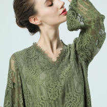 Lace shirt womens coat autumn 2021 new long sleeve shirt V collar foreign style loose thin cover belly spring and autumn