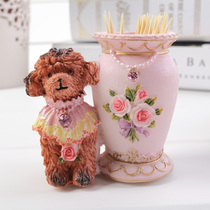 Cute teddy dog resin toothpick tube creative European home toothpick box mini cotton kit craft decoration