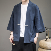 Gown cardigan jacket mens seven-point sleeve Road robe one button Hanfu wide shoulder Chinese style coat retro short sleeve shirt