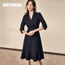 Luo Yi temperament V-neck dress womens autumn new intellectual stripe slim-fit lace-up ruffle mid-length dress 5268