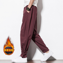  Autumn and winter Chinese style plate buckle linen casual pants Chinese young mens Tang suit plus velvet thickened loose cotton and linen long pants