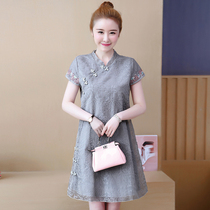 Plus-size womens clothing to cover the belly reduce age summer clothes look thin improved version of cheongsam dress foreign style fat mm Chinese style skirt
