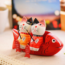 Nordic painted wooden kitten fishing couple cat living room ornaments home decoration craft gift furnishings