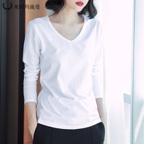 Mi Amarshman flagship store official website Womens 2021 spring and autumn base shirt size Short Sleeve V collar cotton white T-shirt
