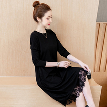 2021 spring new fat plus size womens fat sister belly bottoming shirt fat mm lace stitching dress