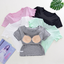 Cup One-in-one Dew-navel Short-sleeved T-shirt Casual Backs with Breath Pad Brast Leaf Short Half-sleeved Lingerie