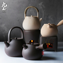 Nine earth cooking teapot Japanese old rock mud teapot lifting beam kettle alcohol charcoal stove heat-resistant white pottery sand pot