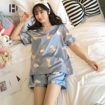  Womens summer ice silk pajamas Womens summer thin short-sleeved shorts cute net red silk home service suit female zs