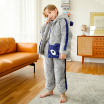 Boys coral velvet triple-layer padded pajamas childrens flannel plus velvet home suit set Boys autumn and winter