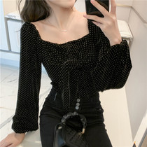 2020 autumn and winter New French square collar short velvet top women long sleeve polo point shirt waist thin base shirt