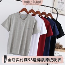 New boutique mens T-shirt mens cotton short sleeve V-collar loose summer pure black Gray White large size simple shirt