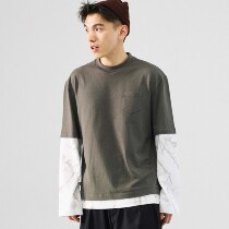 SAMESAME washed loose round neck stitching long sleeve fake two T-shirt men couple trend personality lazy spring