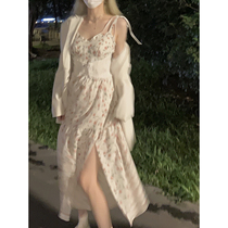 DREAM SEVEN77 Broken Flowers One-piece Dress Woman 2021 Fall new French style small v collar open fork harness Long dress