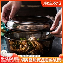 Imported blue tempered heat-resistant glass pot baking pan set white round microwave oven cutlery bowl with lid