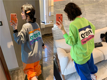 BORAKOO Korea Dongdaemun summer 2 colors~black and white striped fruit green ~ Loose long sleeve medium long T-shirt