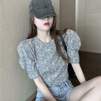 celine pianna bubble sleeve short sleeve T-shirt female summer temperament 100 lap reduction age round collar letter bottom blouse