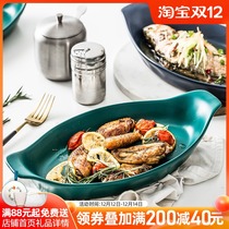 European-style boat-shaped ceramic fish plate cheese baked rice plate household microwave oven binaural long baking tray creative plate