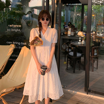 Pregnant womens summer clothes French romantic temperament White first love dress pregnant woman dress fashion v collar loose split skirt