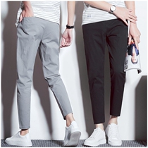 Casual pants mens trend Joker slim summer thin breathable Mens Ice Silk 9-point pants loose straight long pants