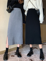 South Korea Half Body Dress Autumn Winter New Black Open Fork Knit Dress Child with high waist a high waist a character slim fit Hip Skirt