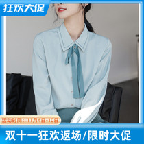 JOLIMENT blue shirt womens design sense niche 2022 autumn new bow tie long-sleeved top