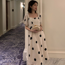 Large size womens vintage square collar polo point dress fat mm waist thin Platycodon skirt summer backless age dress