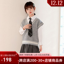 girls' autumn winter skirt suit new 2022 children's college style long sleeve shirt knitted vest pleated skirt three-piece set