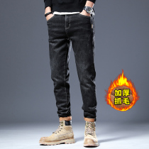 Autumn and winter thick warm bottom grabbing jeans mens Tide brand Haren pants new elastic black long pants men