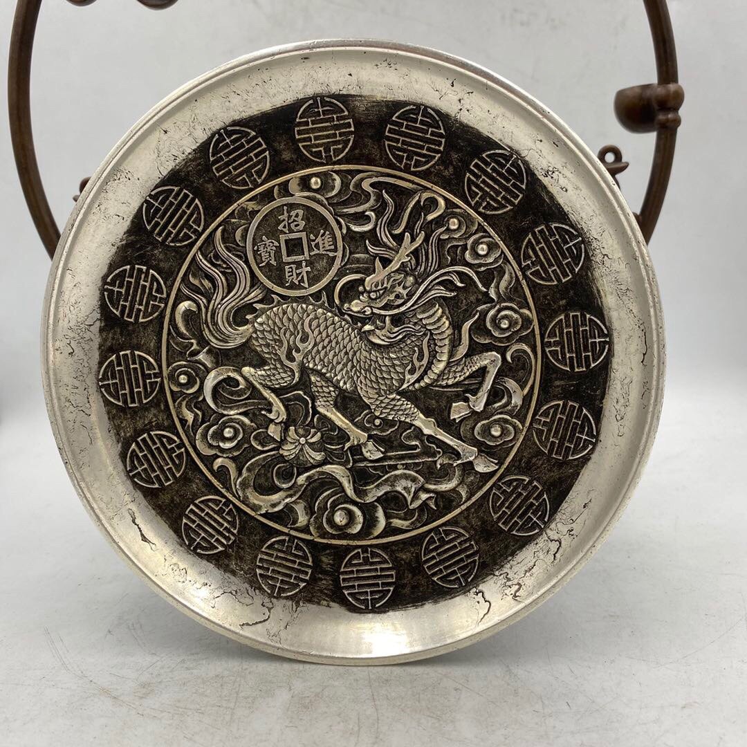 White bronze silver plated plate imitation ancient collection Kirin bronze disc embossed tea entrusted Longfeng with an auspicious bronze disc