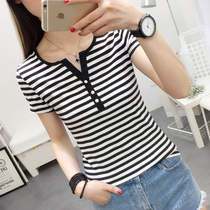 Summer 2020 new cotton V-neck striped t-shirt womens half-sleeve top clothes Korean version of the student wild thin t-shirt tide