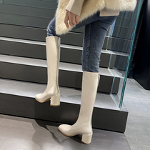 2021 Korean version of the new high heel woman Heel Rider Boots High Cylinder Boots Woman Boots Square Head Straight Drum Long Cylinder Boots Autumn Winter Long Boots