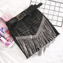 Denim skirt womens summer fashion sequin tassel sexy high waist spring Black hip skirt stretch one step skirt