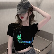 celine pianna black slapped bottom short sleeve T-shirt female summer Han version Body Reflective Kitty Smell Short blouse