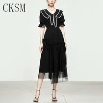 CKSM2021 new age-reducing two-piece navy style double-layer collar loose shirt high waist irregular mesh skirt