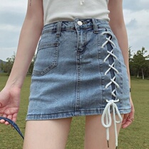 Summer slim fit net red strap black denim half body dress new Korean version high waist display slim A character outside wearing pants skirt woman