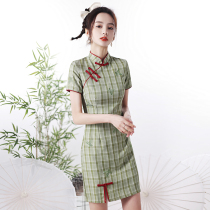 Green Plaid cheongsam 2021 new improved young little girl can wear Chinese style short style every day