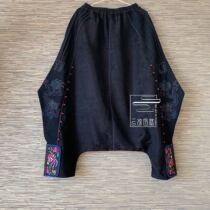  Cloud decoration totem original design womens casual pants national style old embroidery Harajuku hemp material personality large crotch pants down pants