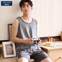 Summer mens pajamas vest pure cotton short-sleeved shorts Large size home clothes Sleeveless cotton thin home clothes set