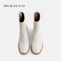 Wooden Carlo booties womens thick-heeled white autumn and winter short tube ankle boots round head plus velvet net red high-heeled leather Martin boots