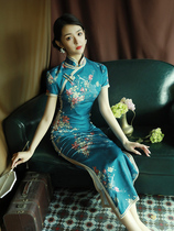 Blue Printed Qipao 2021 New Retro China Wind Improved Version With Slim Walk Show Long Style Dress
