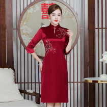 Mother Wedding Banquet Dress Spring Dress Noble Red Acetate Qipao Young High-end Happy Mother-in-law Long Sleeve Improvement