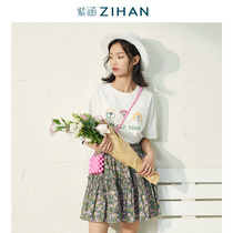 Purple Culvert Summer Dress New Fun Cartoon Printed Short Sleeves T-shirt Blouses round collar comfortable and breathable Compassionate 100 lap