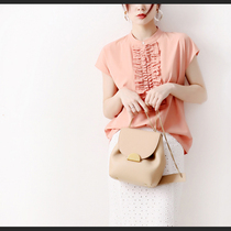 Japanese womens comfort and gentle heavy industry wooden ear design small stand collar one-point sleeve cotton blouse shirt