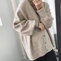 Autumn and winter retro temperament thick V-neck sweater women lazy wind loose casual knitted cardigan wool coat tide ins