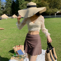 Split skirt swimsuit womens three-piece Korean sexy lace steel support small chest gathered high waist Conservative long sleeve sunscreen