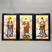 Old frame inlaid porcelain plate painted white bottom added with colorful pinch of enamel West Three Holy hanging screens-AD6785