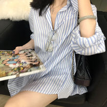 2022 Fall New Design Sensation Back Open Fork Striped Shirt Woman Thin bf Wind Loose Long Sleeve Blouse