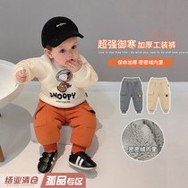 Chenchen mother and baby childrens clothing Newborn infants winter warm tooling casual pants Men and women baby velvet thickened pants